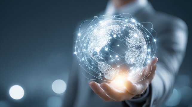 Businessman Holding a Digital Globe with Network Connections and Global Technology Concept. - Powered by Adobe