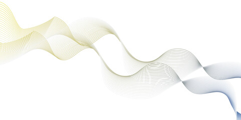 An abstract, minimalist illustration featuring multiple overlapping and undulating waves or ribbons composed of fine, translucent lines. The color scheme is dominated by cool blues and muted yellows.