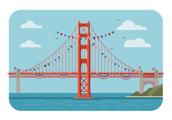 Golden Gate Bridge Decorated with Patriotic Bunting and Flags Vector Illustration.