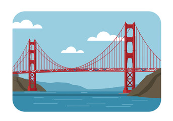 Golden Gate Bridge Illustration with Red Towers and Festive Bunting.