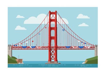 Golden Gate Bridge with Patriotic Decorations Red Structure Suspension Cables and American Flags.