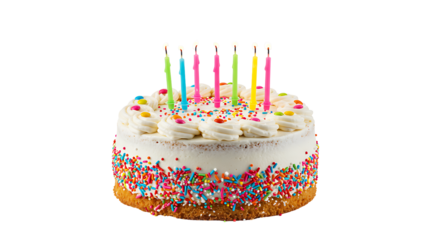 A birthday cake with white frosting colorful sprinkles and eight lit candles against a black backdrop