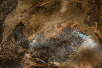 Wild Open Fire Destroys Grass. Natural Disaster. Aerial View Of Dry Grass Burns During Drought And...