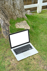 Laptop placed on green grass next to a tree trunk, ready for work or design mockups