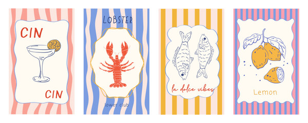 Hand draw la dolce vita vintage posters. Summer Italy. Amalfi. Vacation vector illustrations in ink line doodle sketch style postage stamps with image. Chalk style drawing for poster, placard, print