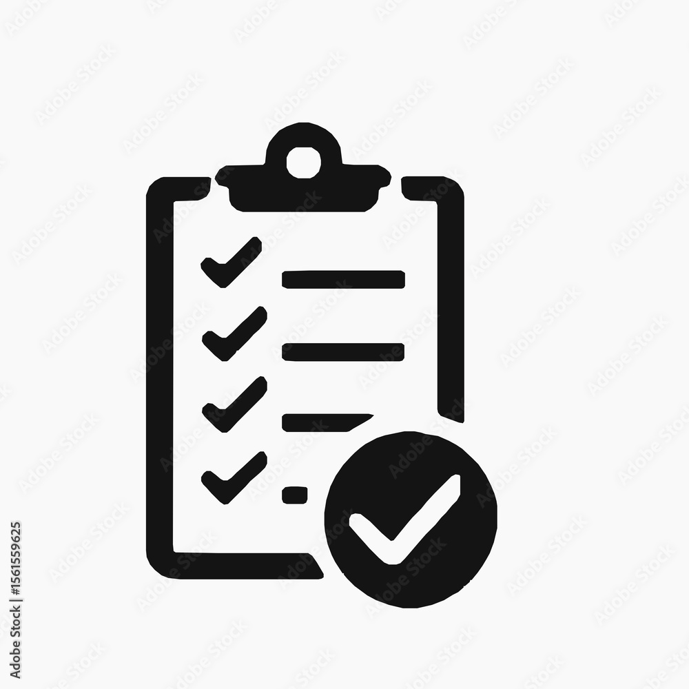 Poster completed checklist with approval check mark signifying successful task accomplishment done