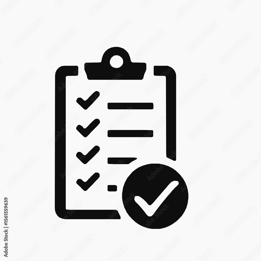 Poster black and white icon of a checklist with a checkmark symbol illustrating task completion