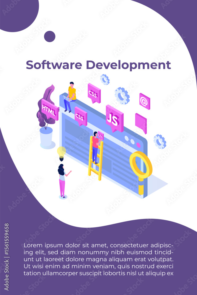 Poster web design and front end development isometric concept. vector illustration.