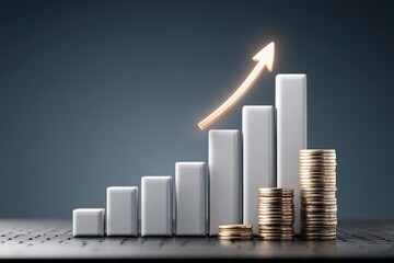Business growth success graph with increasing bar chart and stacked coins.