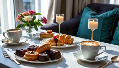 Fototapeta premium Cozy indoor breakfast scene with assorted pastries fresh flowers coffee and candles on a modern table in a stylish home setting
