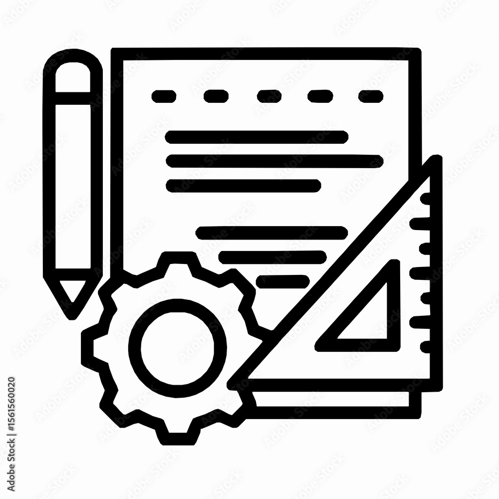 Poster engineering and design icon featuring pencil gears paper and triangular ruler for creative planning