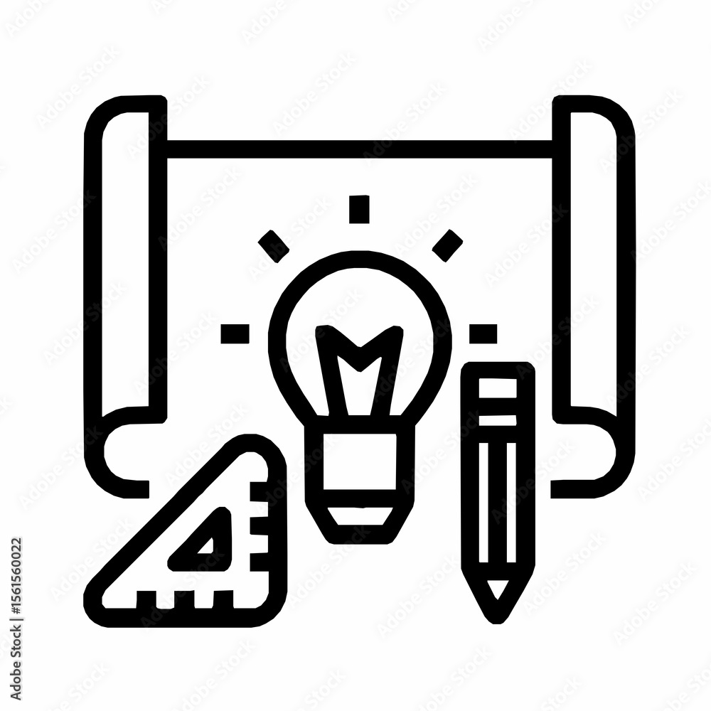 Poster blueprint of design ideas and creativity with lightbulb and architect tools