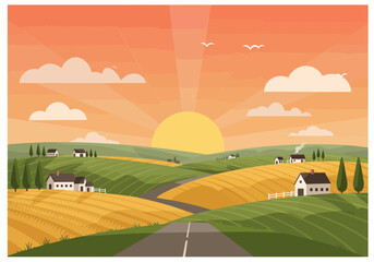 Serene Rural Landscape with Rolling Hills Farmhouses and a Rising Sun.