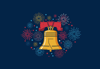 Stylized Liberty Bell with Fireworks Gold Bell Red Support Patriotic Celebration.