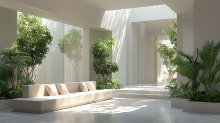 Naklejka premium Modern spacious indoor lobby with large windows natural sunlight greenery and minimalist decor.