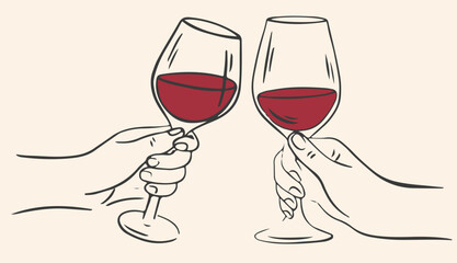 Hand drawn chalk wine cheers. Cheers or drinking couple toast drawing. Collection of whimsical doodle line art for wedding invitations, menus and parties. Clipart vintage ink doodle sketch style