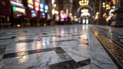 Elegant luxurious marble flooring with shiny polished surface and intricate patterns in grand hallway.