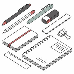 Isometric view of office supplies including pens, pencils, notebook, rulers and binder clip set up