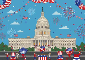 United States Capitol Building with Patriotic Decorations and Celebrations.