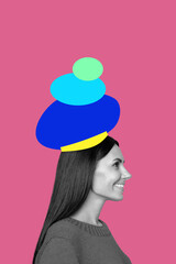 Vertical art 3d creative image collage of happy glamour girl wear geometric figure hat haircare...