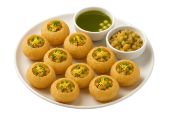 Indian street food golgappa plate with chutney and filling isolated on transparent background