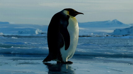 Fototapeta premium Emperor penguin stands on icy terrain of Antarctica landscape
