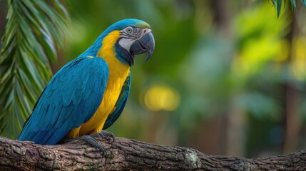 Obraz premium Vibrant Blue and Yellow Macaw Parrot Perched on TreeBranch in Lush Green Jungle Scene.