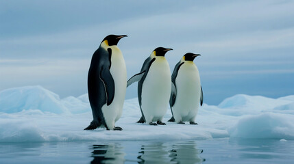 Emperor penguins waddle on ice in Antarctica's icy landscape