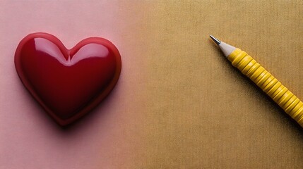 Red Heart and Yellow Pencil on Pink and Gold Background