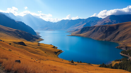 Lake Song-Kul in Autumn Kyrgyzstan — Amber Grasslands and Deep Blue Alpine Lake Surrounded by Remote Mountains