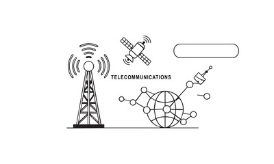 Global Telecommunications Logo with Tower, Satellite, Globe Network, and Editable Stroke, Ideal for Tech and Signal Branding