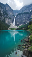 Oeschinen Lake Switzerland Hidden Alpine Lake Surrounded by Dramatic Rock Faces and Waterfalls