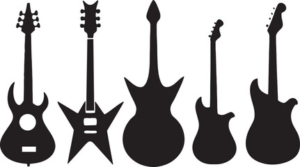 Fototapeta premium Collection of five black silhouette guitar icons on a white background 