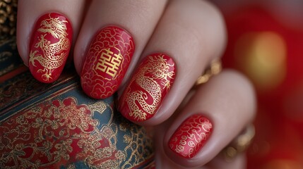 Lunar New Year nails with red and gold dragon designs and "ç¦�" (fortune) charms on a blurred festive background