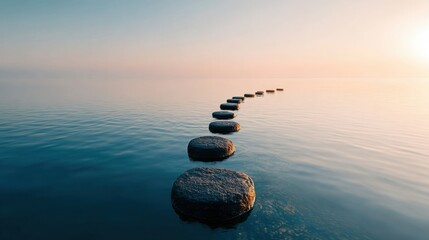 Long sequence of smooth round stones leading into calm sea during sunset creating peaceful scene.