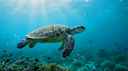 Obraz premium Graceful sea turtle swimming underwater near coral reef in turquoise ocean