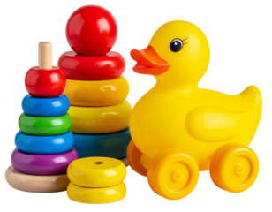  Vintage-Inspired Toddler Toy Set Pull-Along Duck, Spinning Top, and Wooden Rings, Transparent PNG