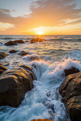 Obraz premium Captivating ocean sunrise reflecting on waves and rocks, painting sky with warm colors, creating tranquil scene. Ocean sunrise offers a sense of calm and renewal as sun kisses horizon,