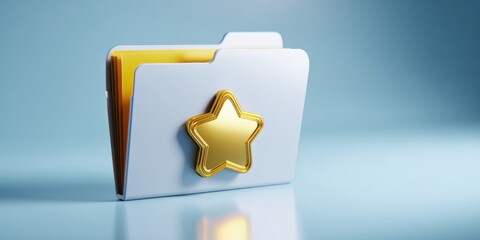 Close-up of a white folder with a gold star emblem on a light blue background.