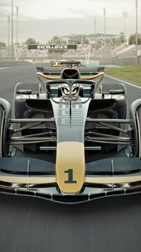 Dynamic front view shot of a generic formula one race car driving along the homestretch over the finish line. High to low angle move. 3d animation rendering. New 2025 black and gold race car design
