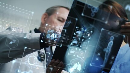Doctors utilize artificial intelligence with augmented and virtual reality interfaces to diagnose diseases, review X-rays, and suggest treatments with advanced visualization tools. - Powered by Adobe