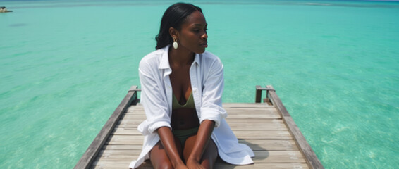 Black Woman Bikini Open Shirt Maldives Wooden Steps Descending into Ocean Location