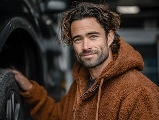 Obraz premium A handsome male mechanic with a friendly smile inspects a tire in a repair shop, wea a brown hoodie.
