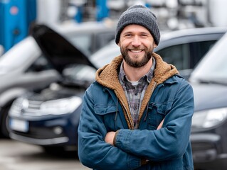 Friendly mechanic stands proudly with crossed arms outside his busy car repair shop ready to assist customers.