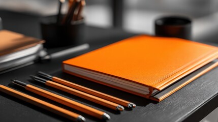 Close-up of orange notebook with pens and desk accessories on dark surface.