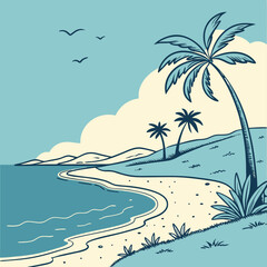 Fototapeta premium Illustration of a tropical beach with palm trees, ocean, and birds in a serene color palette