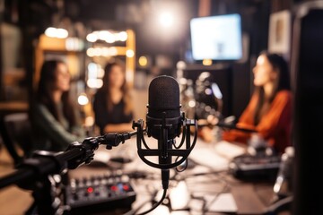 Studio podcast session in progress, camera lens capturing unrecognized female hosts