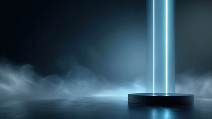 Futuristic glowing vertical light beam on a circular platform with mist and dark background.
