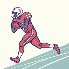 American football player in red uniform running with the ball on a field illustration style image