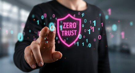 Person s finger touching a glowing pink shield symbol with zero trust text surrounded by floating binary code numbers isolated on transparent background